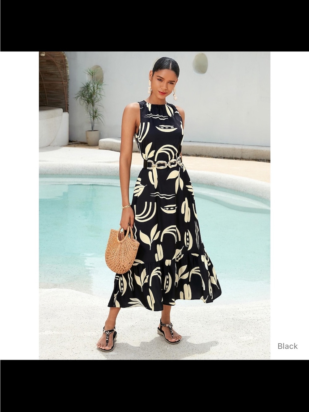 Black & Cream Printed Sleeveless Midi Dress